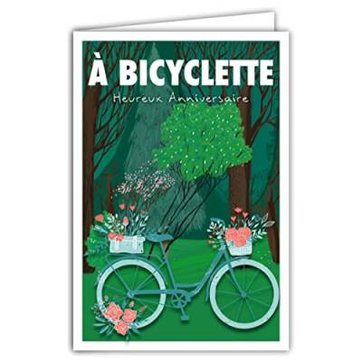 Afie 69-4301 Glückwunschkarte zum Geburtstag mit Umschlag für Mädchen oder Damen – Mini-Poster im Format 17 x 11,5 cm – Fahrrad mit Blumen, Rosen, Rot, Wald, zum Fahrradfahren, Retro, Vintage von Afie