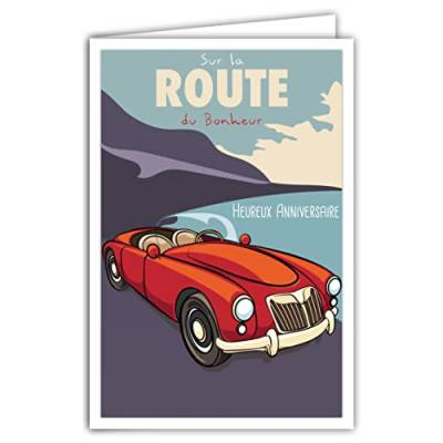 Afie 69-4322 Karte Happy Birthday mit Umschlag – Mini-Poster Format 17 x 11,5 cm – Auf der Straße des Bonheur Automobile – Sammlerauto Sport Retro Vintage – hergestellt in Frankreich von Afie