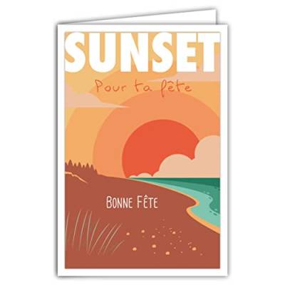 Afie 69-4349 Grußkarte mit Umschlag – Mini-Poster, Format 17 x 11,5 cm, Retro-Stil, Vintage, Illustration – Sonnenuntergang auf dem Wasser, Meer, Sandstrand, Dunes Natur von Afie