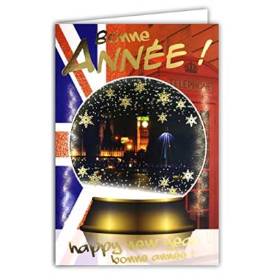 Afie Glitzerkarte Happy New Year in Gold mit Umschlag Beste Wünsche Schneekugel Schneeflocken London Big Ben Monument Hauptstadt Englisch Britische Flagge 61-4044-A BA von Afie
