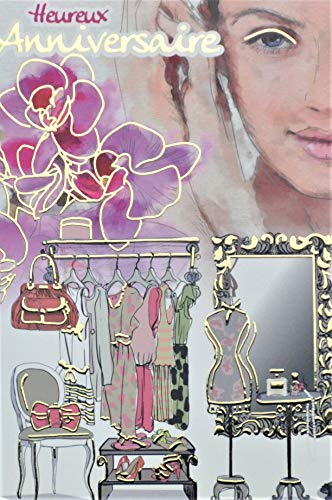 Glückwunschkarte zum Geburtstag, Damen, Gesicht, Blumen, Orchideen, Rosen, Kleidung, modisch, Handtasche, Duft, verspiegelt, hergestellt in Frankreich von Afie