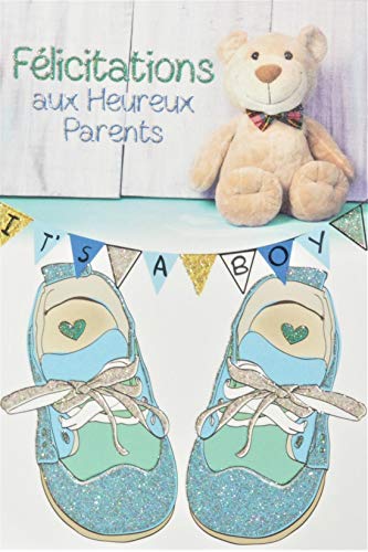 Glückwunschkarte zum Glück, Eltern, mit Pailletten, für Jungen, Schuhe, blaue Herzen, Teddybär, Wimpelkette, hergestellt in Frankreich von Afie