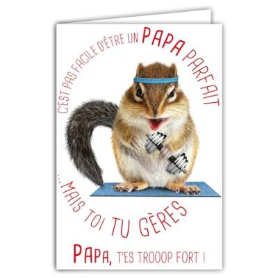 Karte für einen Papa, perfekt zu stark, lustige Botschaft, mit Umschlag illustriert, Format 17,5 x 12 cm, Tiere, Nagetiere, Eichhörnchen, Chipmunk, Tamia, lustig, lustig, lustig, französisches Design, von Afie