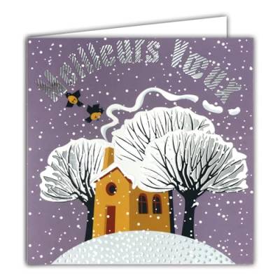 Quadratische Karte, silberfarben, glänzend, mit weißem Umschlag, 15 x 15 cm – verschneite Landschaft Winter Vögel Haus gelb Bäume ohne Blatt Kamin Weihnachtsmann Party Frohes Neues Jahr – hergestellt von Afie