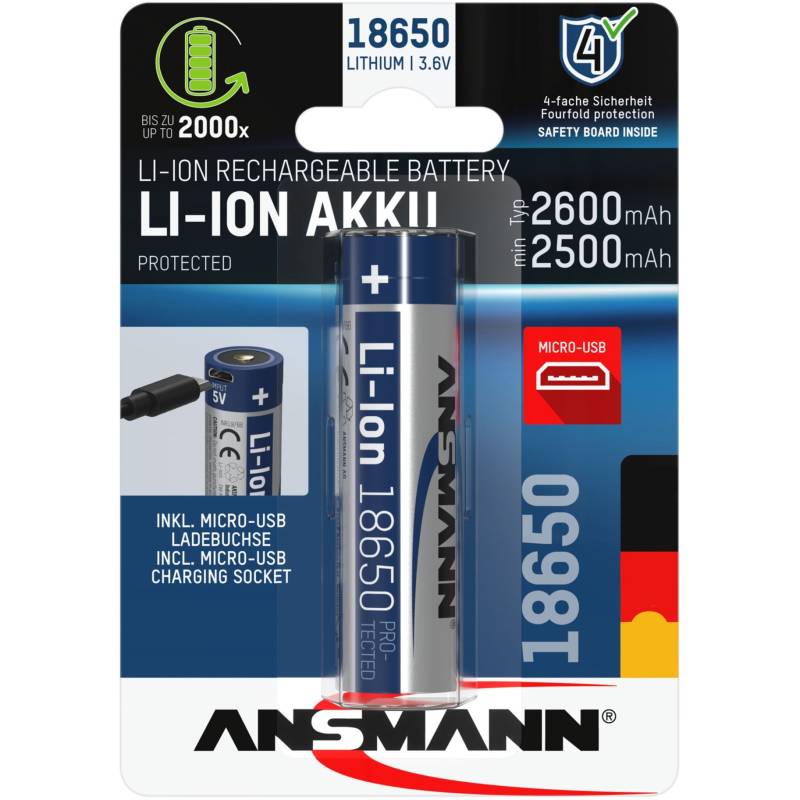 Li-Ion Akku 18650 2600 mAh mit Micro-USB Ladebuchse von Ansmann