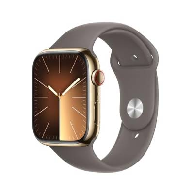 Apple Watch Series 9 (GPS + Cellular, 45 mm) Smartwatch mit Edelstahlgehäuse in Gold und Sportarmband M/L in Tonbraun. Fitnesstracker, Blutsauerstoff und EKG Apps, Always-On Retina Display von Apple