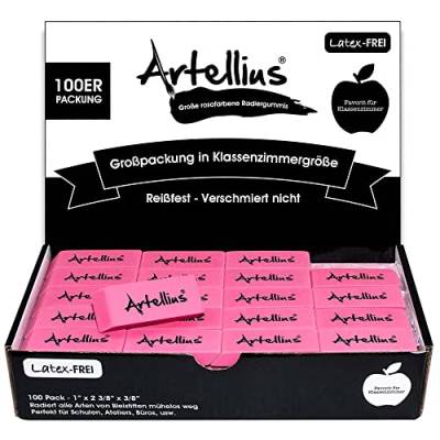 Artellius Rosafarbene Radiergummis (100 Stück)- Große Größe Radiergummi Weich ohne Latex und ohne Schmieren - Großpa-ckung Radiergummi Schule - Klassenzimmer Lehrer Homeschooling Büro Kunstunterricht von Artellius