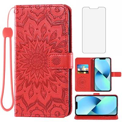 Phone Case for iPhone 13 6.1 inch Wallet with Tempered Glass Screen Protector and Leather Slim Flip Cover Card Holder Stand Cell Accessories iPhone13 5G i i-Phone i13 iPhone13case Women Men Red von Asuwish