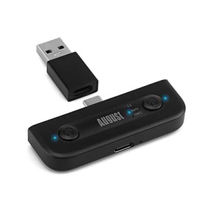 Dual Bluetooth Transmitter aptX LL - August MR410B - Typ C Adapter kompatibel mit Switch, Android Handys und Tablets, MacBook, Surface - Inklusive Pass-Through und USB-C auf USB Adapter von August