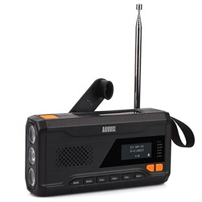 Kurbelradio DAB/FM/Bluetooth -August MB290B- Solar Radio 4500mAh wiederaufladbare Powerbank, 3 Modi LED Taschenlampe Sleeptimer SOS-Alarm 3.5mm Notfallradio mit Handkurbel für Camping Wandern Zelten von August