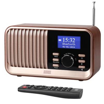 Wiederaufladbares DAB+/FM Radio Dual Wecker-August MB450K-Nostalgie tragbares Küchenradio mit 60 Presets Bluetooth 5.3 Lautsprecher Holzgehäuse, USB/AUX/MicroSD, bis zu 18h Betriebszeit, Fernbedienung von August