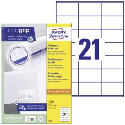 Avery-Zweckform 3481 Universal-Etiketten 70 x 41mm Papier Weiß 2100 St. Permanent haftend Tintenstr von Avery-Zweckform