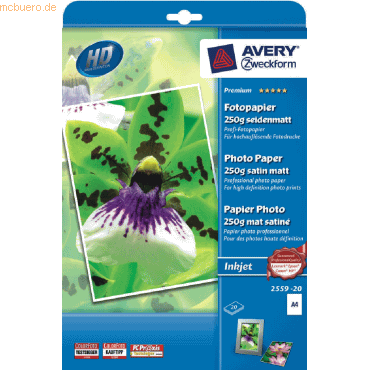 Avery Zweckform Fotopapier Premium A4 250g/qm seidenglänzend VE=20 Stü von Avery Zweckform