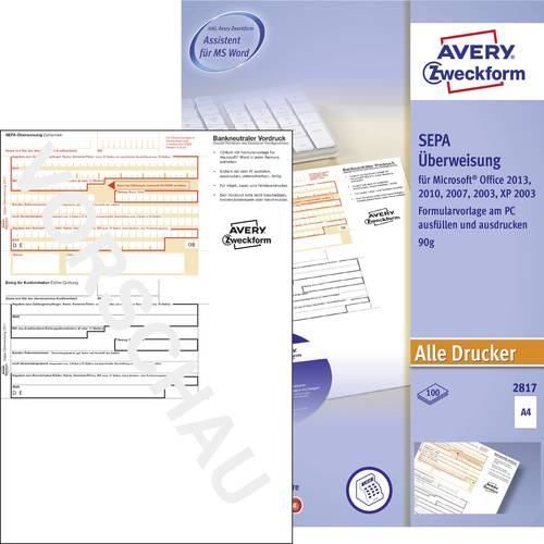 Avery-Zweckform Überweisung Formular SEPA-Überweisung DIN A4 Anzahl der Blätter: 100 2817 von Avery-Zweckform