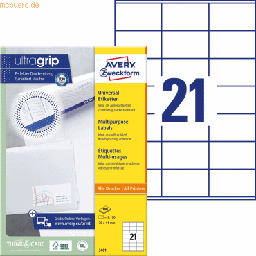 Avery Zweckform Universal-Etiketten ultragrip 70x41 mm VE=2.100 Etiket von Avery Zweckform