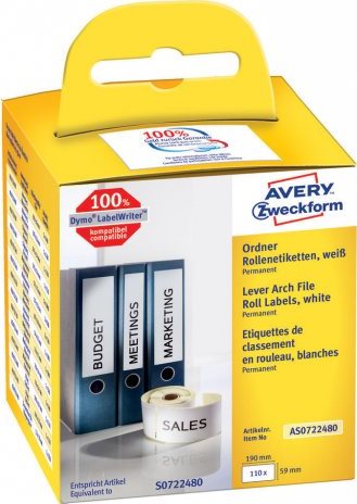 Avery Zweckform - Permanent adhesive rectangular paper lever arch labels - wei� - 59 x 190 mm 110 Etikett(en) (1 Rolle(n) x 110) (AS0722480) von Avery