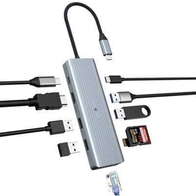 10 Ports USB C Hub, Dual Monitor USB C -Dockingstation, Laptop USB C -Adapter (Gigabit Ethernet, 4K HDMI, USB 3.0, PD 100W, 3,5 mm MIC, SD/TF) für MacBook Pro/Air, HP, Lenovo, Dell von BIGBIG WON