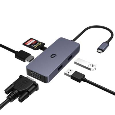 6 in 1 USB C Adapter, USB C HUB, HDMI VGA Dual Monitor HUB einschließlich HDMI, VGA, USB A, USB 2.0, SD/TF Kartenleser, kompatibel mit Mac, Windows und iOS Systemen, Laptops und mehr von BIGBIG WON