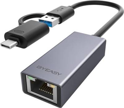 BYEASY USB C Ethernet Adapter Gigabit USB LAN Adapter USB zu RJ45 10/100 / 1000 Mbps Aluminium Treiberfrei Netzwerkadapter für MacBook Pro/Air, iPad Pro, iMac, XPS, Surface Pro, Laptop usw. von BYEASY
