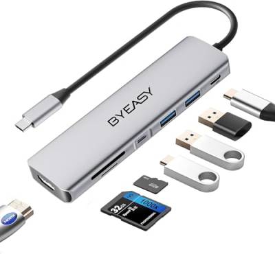 BYEASY USB C Hub, 7 in 1 USB C Splitter mit 4K HDMI, SD/TF Kartenleser, 100W Power Delivery, 0.71ft Kabel Ultra Slim USB C Adapter Kompatibel für Laptop und andere Typ C Geräte von BYEASY