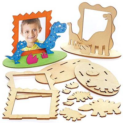 Baker Ross FC826 Dinosaurier Holz Bilderrahmen zum Bemalen - 4er Pack, Bilderrahmen für Kinder zum Bemalen und Ausstellen von Baker Ross