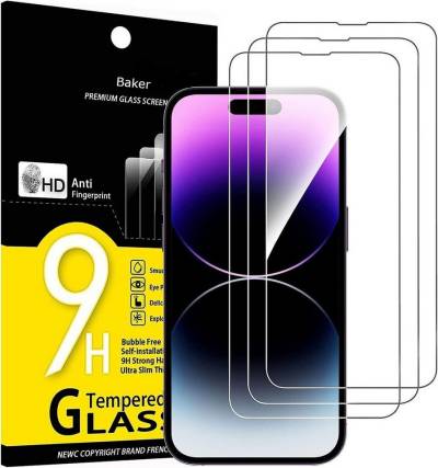 Baker Schutzfolie 3 Stück Panzerglas für iPhone 15/ 15 Plus/15 Pro/ 15 Pro Max, (3 Pack), Sichtschutz, 9H Härte, HD Displayschutzfolie, 0.33mm Ultra-klar von Baker
