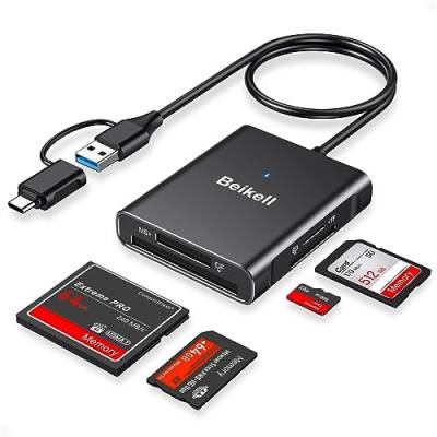 Beikell SD Kartenleser, 4 in 1 Speicherkartenleser mit USB 3.0 & USB C Stecker, Highspeed SD & Micro SD Kartenlesegerät, Parallelem Zugriff auf 4 Slots für SD/CF/MS Duo/SDHC/SDXC, Micro SD/SDHC/SDXC von Beikell