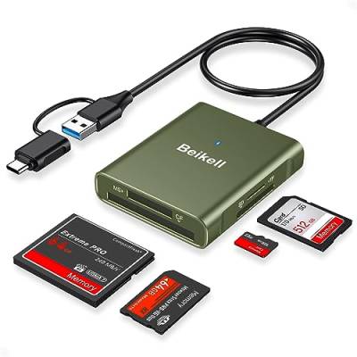 Beikell SD Kartenleser, 4 in 1 Speicherkartenleser mit USB 3.0 & USB C Stecker, Highspeed SD & Micro SD Kartenlesegerät, Parallelem Zugriff auf 4 Slots für SD/CF/MS Duo/SDHC/SDXC-Dunkelgrün von Beikell