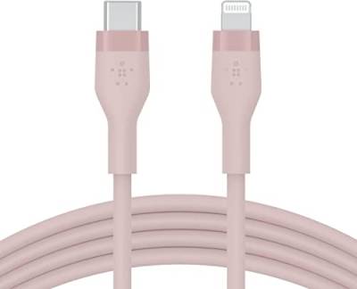 Belkin BoostCharge Flex Silikon-USB-C/Lightning-Kabel, 1 m, MFi-zertifiziert, 20 W, zum Schnellladen mit PD Power Delivery für iPhone 14/14 Plus, 13, 12, Pro, Max, mini, SE und andere Geräte – Rosa von Belkin