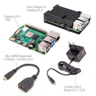 BerryBase Raspberry Pi 4 4GB Light Starter Kit: Raspberry Pi 4 Computer Modell B 4GB, Armor Gehäuse, USB-C Netzteil und Micro HDMI Adapterkabel, schwarz inkl. E-Guide! von BerryBase