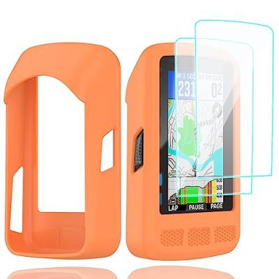 Braleto Silikon Hülle +2 Displayschutz schutzfolie Kompatibel mit Wahoo Elemnt Roam,9H Härte Glas Displayschutzfolie GPS Bike Computer Zubehör (orange) von Braleto