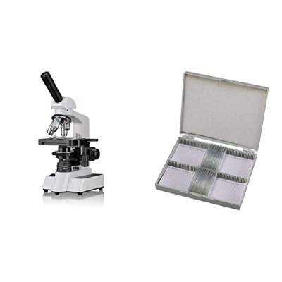 Bresser hochwertiges monokulares Durchlicht-Mikroskop, Erudit DLX 40x-1000x Vergrößerung, koaxialer Kreuztisch, LED mit Akku-/ Netzbetrieb & Dauerpräparate für Mikroskop (25 Stück) von Bresser