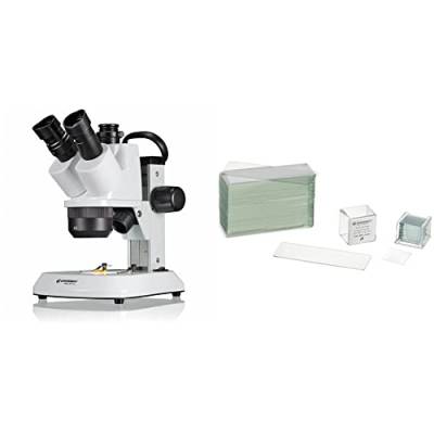 Bresser trinokulares Stereomikroskop Analyth STR Trino 10x - 40x mit getrennt dimmbarem LED-Auf- und Durchlicht & Mikroskop Objektträger 76x26 50 Stück und Deckgläser 18x18mm 100 Stück von Bresser