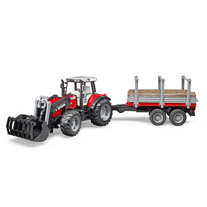 bruder Traktor Massey Ferguson 7480 mit Frontlader und Holztransportanhänger 2046 Spielzeugauto von Bruder