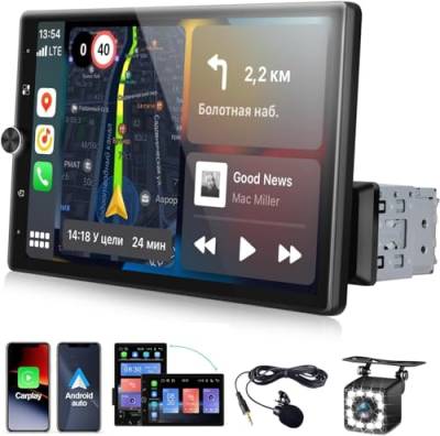 CAMECHO 1 Din Carplay/Android Auto Autoradio mit Bildschirm, 10.4 Zoll Touchscreen Autoradio Bluetooth mit Mirror Link(Android/IOS)+Externes Mikrofon+Rückfahrkamera von CAMECHO