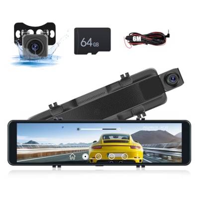 CAMECHO Autokamera 1080P Full HD Dashcam mit 10 Zoll Touchscreen, Front- und Rückspiegel, G-Sensor, Schleifenaufzeichnung, Parküberwachung, Nachtsicht, 64 GB SD-Karte von CAMECHO