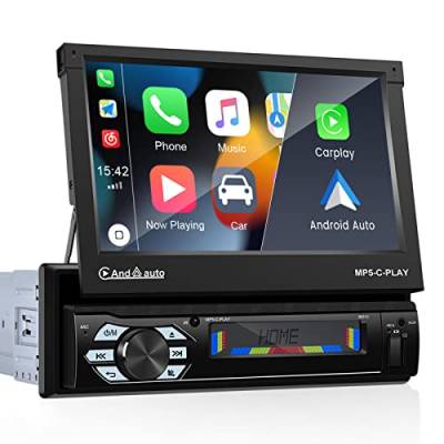 CAMECHO Autoradio 1 DIN mit Carplay Android Auto,7 Zoll Bildschirm mit Bluetooth Freisprecheinrichtung FM Lenkradsteuerung,Unterstützung USB/AUX/TF/DVR+Rückfahrkamera von CAMECHO
