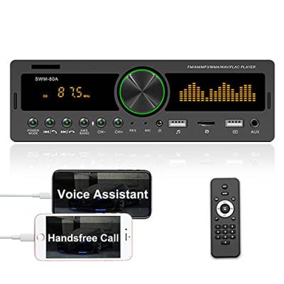 CAMECHO Autoradio mit Bluetooth-Freisprecheinrichtung, 2 USB-Anschlüsse, MP3-Funktion, FM/TF/AUX/USB, mit drehbaren Lautstärketasten, mit Fernbedienung + Mobile APP + Bunte Lichter von CAMECHO