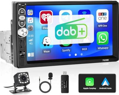 CAMECHO DAB + 1 Din Autoradio mit Carplay Android Auto, 7-Zoll Bildschirm Touch Display mit Bluetooth FM Radio Unterstützung Mirror Link TF/USB/AUX+ Rückfahrkamera + Mikrofon Single Din Stereo von CAMECHO