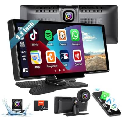 CAMECHO Wireless Apple Carplay Android Auto Tragbarer Autoradio mit Dash Cam&Rückfahrkamera, 9,3" Bildschirm Carplay Display mit Bluetooth Mirror Link GPS FM Siri Google+ 64G TF-Karte von CAMECHO