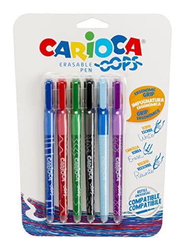 CARIOCA Oops | Radierbarer Kugelschreiber, Wiederauffüllbares Stifte-Set für Schule und Büro mit Radiergummi und Ergonomischem Griff, Blaue Stifte, 6 Teile von CARIOCA