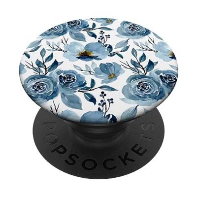 Blau Aquarell Blumen Muster Weiß PopSockets mit austauschbarem PopGrip von CJ Merch