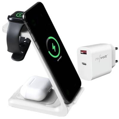 Callstel Wireless-Ladestationen: 3in1-Ladestation 20 W für iPhone, Apple Watch & AirPods, mit Netzteil (Tisch-Lade-Stationen für Apple, Ladegerät, Ladekabel) von Callstel