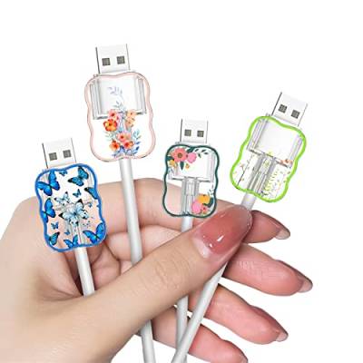 Niedliches Blumen-Handy-Ladekabel für Samsung Android USB-Ladegerät, Schmetterling, Kirschblüten, Pfingstrosen-Muster, 4 Stück USB-Kabelschutz, Handy-Kabelschutz für Frauen und Mädchen, USB-Ladegerät von CameCosy