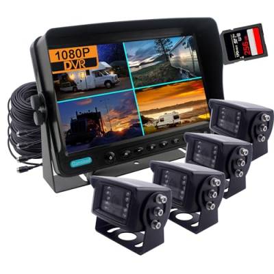 CAMSLEAD 9 Zoll Monitor 1080P Rückfahrkamerasystem, DVR-Recorder, Unterstützung Einer 256-GB-SD-Karte, 4-Kanal-Eingang, Quad-Split-Screen,1080P-Rückfahrkamera für LKW, Anhänger, Wohnmobil, Wohnwagen von Camslead