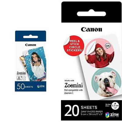 Canon Zoemini ZINK Fotopapier, 50 Blatt & ZINK Fotopapier Circle Sticker ZP-2030-2C(Für Canon Zoemini Fotodrucker, Papierformat 5x7,5 cm, mobiler Sofortdruck) Fotosticker selbstklebend, 20 Blatt, Weiß von Canon