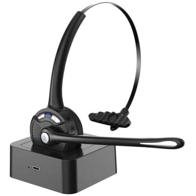 Bluetooth-Headset mit Mikrofon, kabelloser On-Ear-Kopfhörer mit Geräuschunterdrückung und Ladestation, Telefon-Headset-Stummschalttaste für Laptop, Skype, Call Center, Büro, Trucker von Caymuller