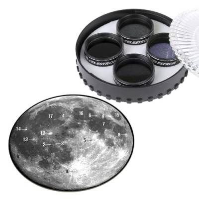 Celestron 94315 Mondfilterset – Kompatibel mit 1,25-Zoll-Teleskop-Okularen, mit Mond- und Sky-Glow-Filtern, 3 Graufiltern, Transportetui und Mondkarte, Schwarz von Celestron