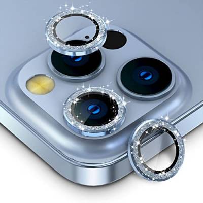 CloudValley Kameraschutz Kompatibel mit iPhone 13 Pro/iPhone 13 Pro Max Kamera Glass, Camera Protector HD Klar Aluminiumlegierung Kamera Schutzfolie Linse, Blasenfrei Glas- Glitzer SeirraBlau von CloudValley