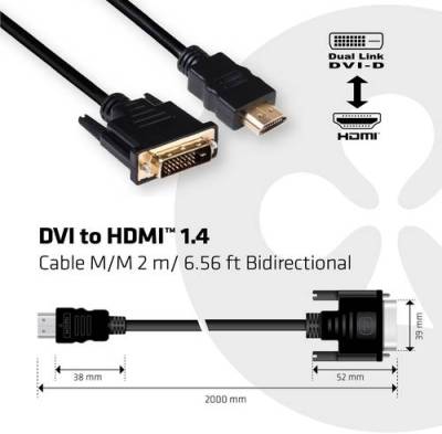 Club3D DVI / HDMI Adapterkabel DVI-D 24+1pol. Stecker, HDMI-A Stecker 2.00m Schwarz CAC-1210 Flammwi von Club3D